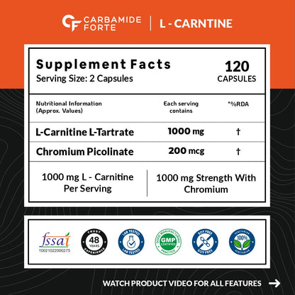 Carbamide Forte L Carnitine L Tartrate 1000mg Capsules for Men & Women | Pre Workout Supplement - 120 Veg Capsules