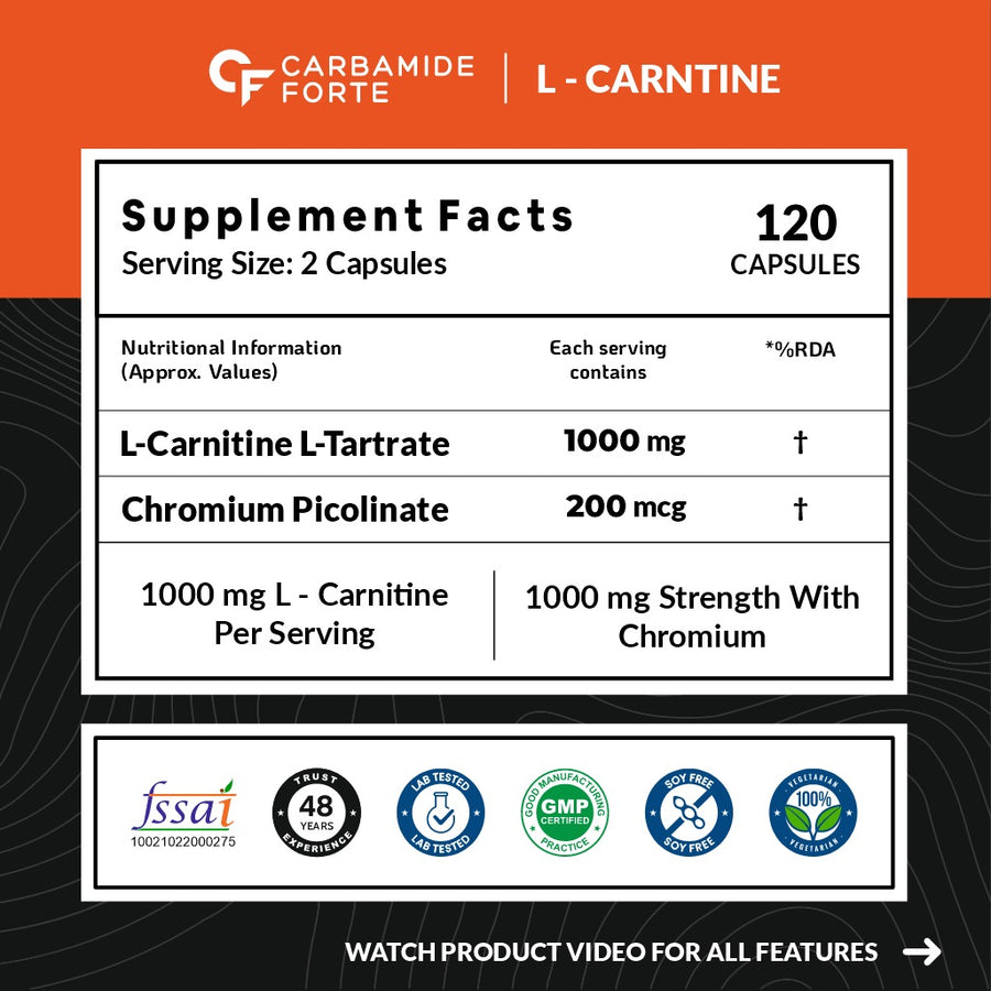 Carbamide Forte L Carnitine L Tartrate 1000mg Capsules for Men & Women | Pre Workout Supplement - 120 Veg Capsules