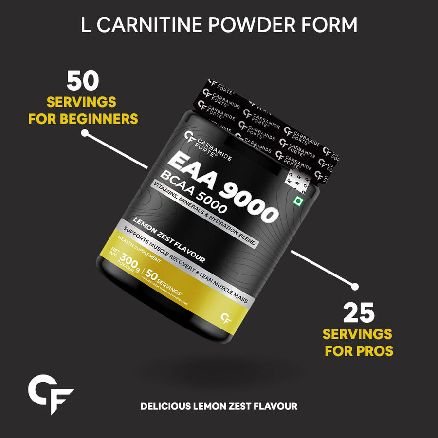 Carbamide Forte EAA 9000mg Supplement with BCAA 5000mg | EAA Supplement for Men & Women with Hydration Blend & Vitamins - Lemon Zest Flavour - 25 Servings - 300g