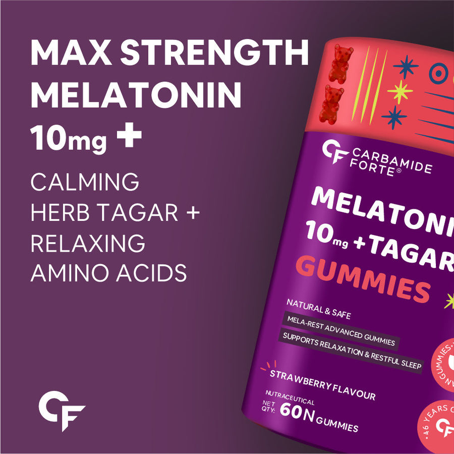 Carbamide Forte Melatonin 10mg Gummies - with TAGARA, L Tryptophan & Vitamin B6 | Sleep Aid Supplement – 60 Veg Gummies