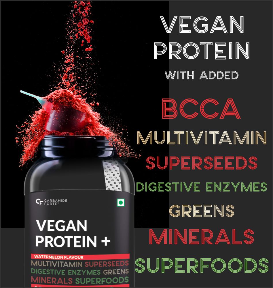 Carbamide Forte Plant Protein Powder - Plant Based Pea Protein Powder with Multivitamin, Minerals, Superfoods, Digestive Enzymes - Watermelon Flavour - 1Kg