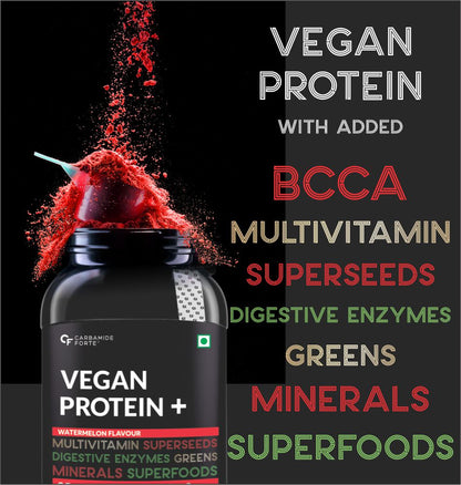 Carbamide Forte Plant Protein Powder - Plant Based Pea Protein Powder with Multivitamin, Minerals, Superfoods, Digestive Enzymes - Watermelon Flavour - 1Kg