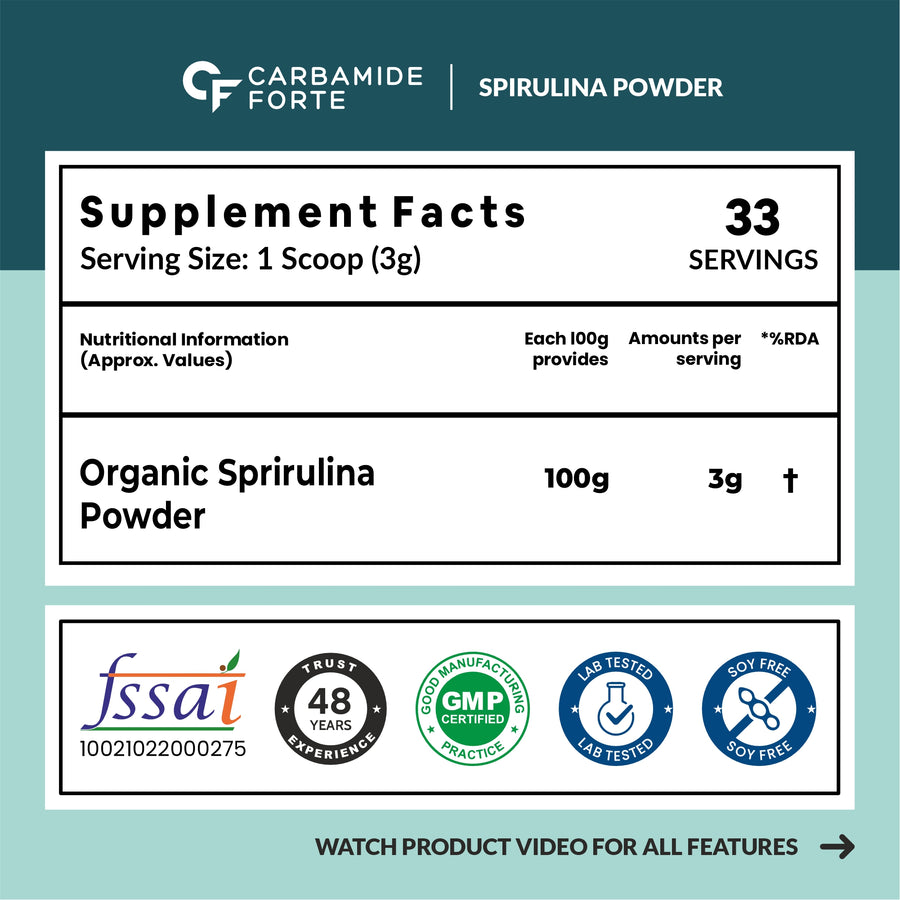 Carbamide Forte 100% Organic Spirulina Powder- Spirulina Powder Organic - 100g