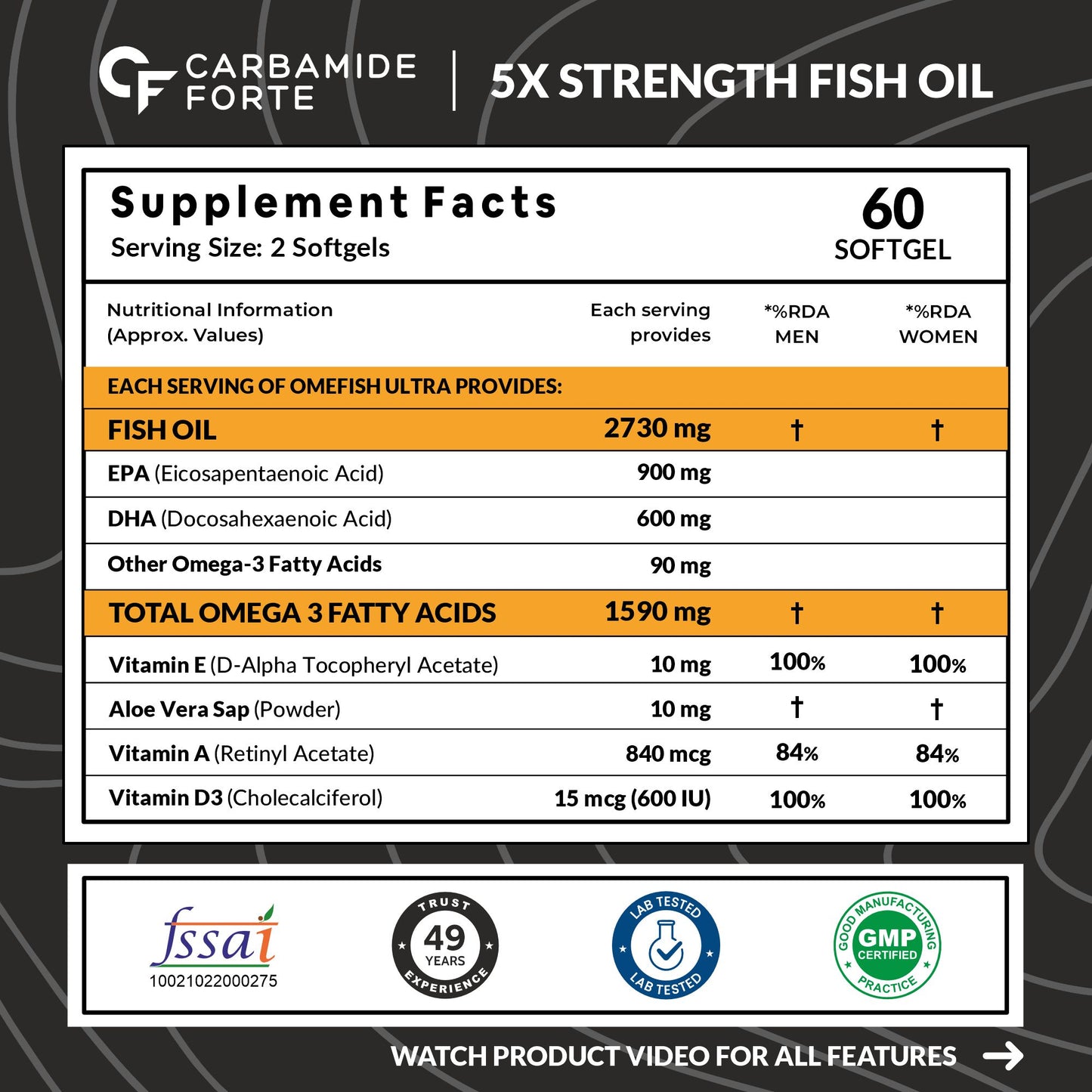 Carbamide Forte 5X Strength Omega 3 fish oil capsules 2730mg with Omega 3 supplement 1590mg and added vitamin A, D, E & Aloevera for Men & Women - Softgel Capsules 60 Count