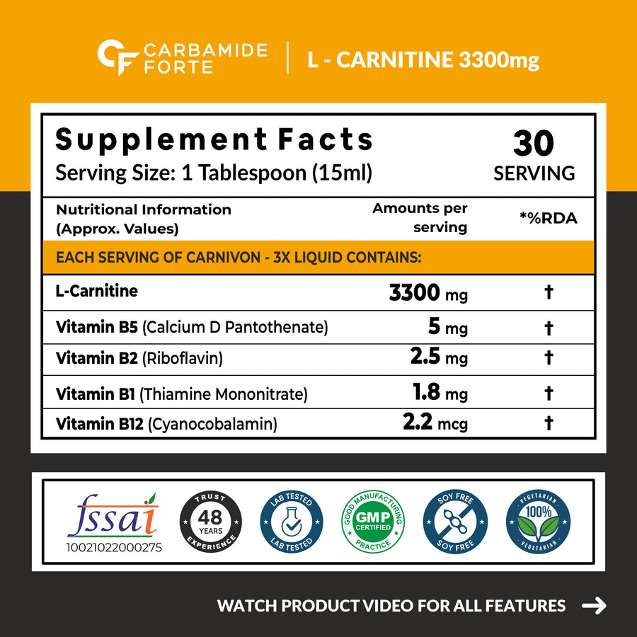 Carbamide Forte L Carnitine Liquid 3300mg | L-Carnitine Supplement For Men & Women | Liquid L Carnitine Pre Workout, Intra Workout & Post Workout Supplement With 3300 mg Per Serving With Added Vitamins | L’Carnitine Mango Flavour With 30 Servings - 450ml