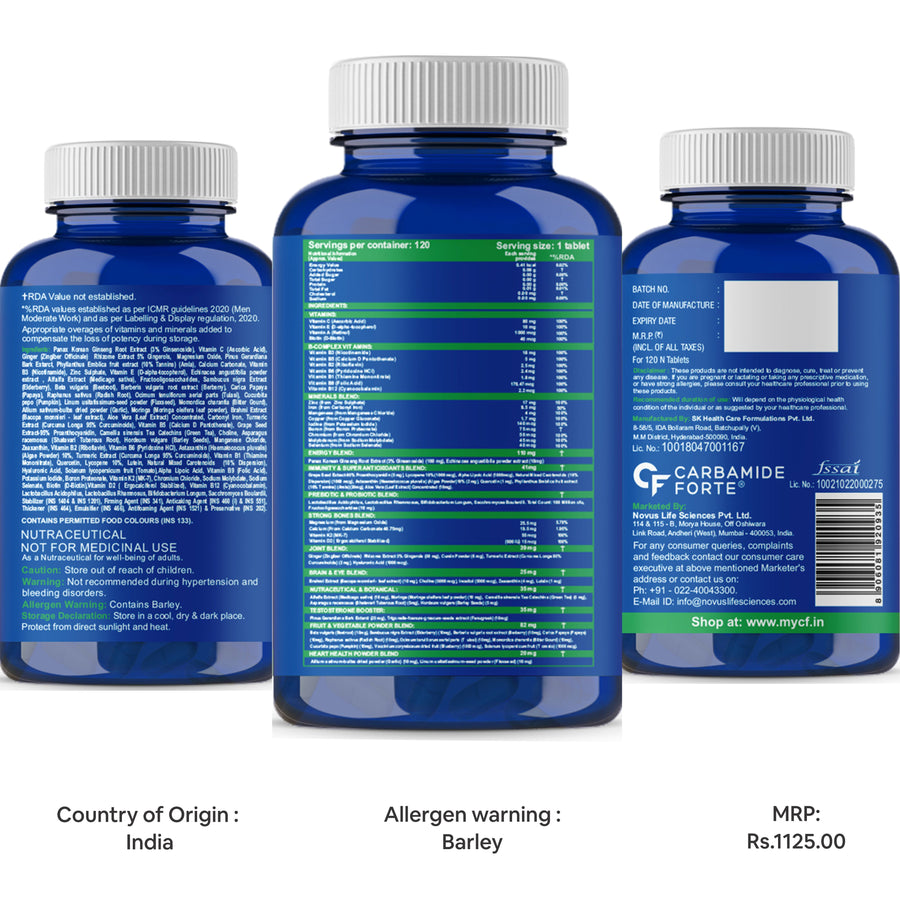 Carbamide Forte Multivitamin for Men (120 Veg Tablets) for Immunity & Energy with 67 Ingredients |Multi Vitamins, Minerals, Probiotics, Superfoods, Fruits & Vegetable Blend