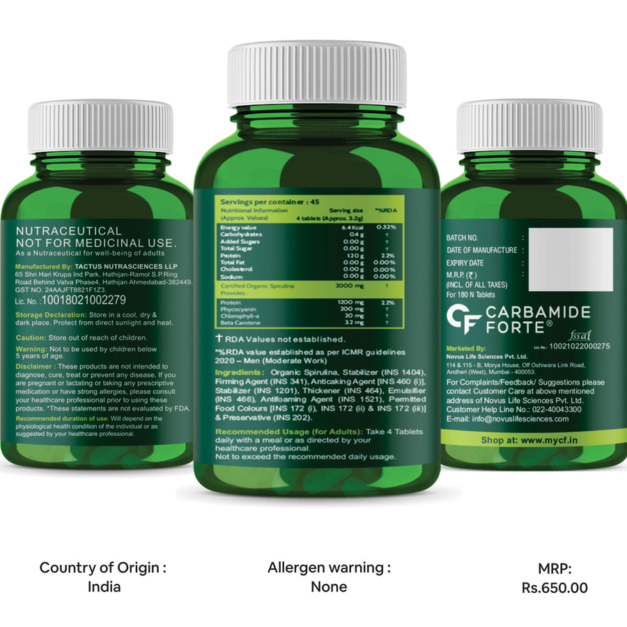 CF 100% Organic Spirulina Tablets 2000mg Per Serving - 180 Tablets