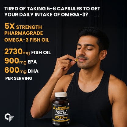 Carbamide Forte 5X Strength Omega 3 fish oil capsules 2730mg with Omega 3 supplement 1590mg and added vitamin A, D, E & Aloevera for Men & Women - Softgel Capsules 60 Count