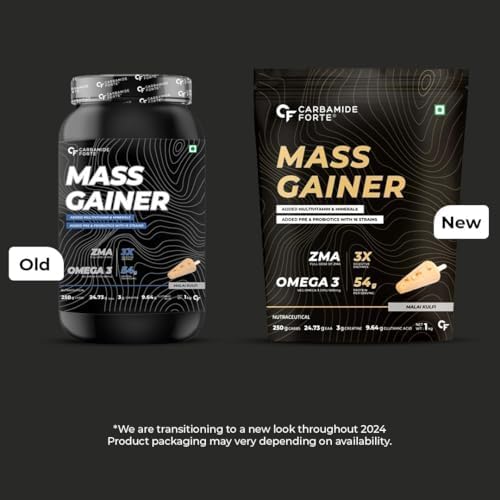 Carbamide Forte Mass Gainer with 54g Protein, 250g Carbs, Multivitamin, ZMA & Creatine 3g - Weight Gainer for Men & Women - Vanilla Banana Flavour - 1kg