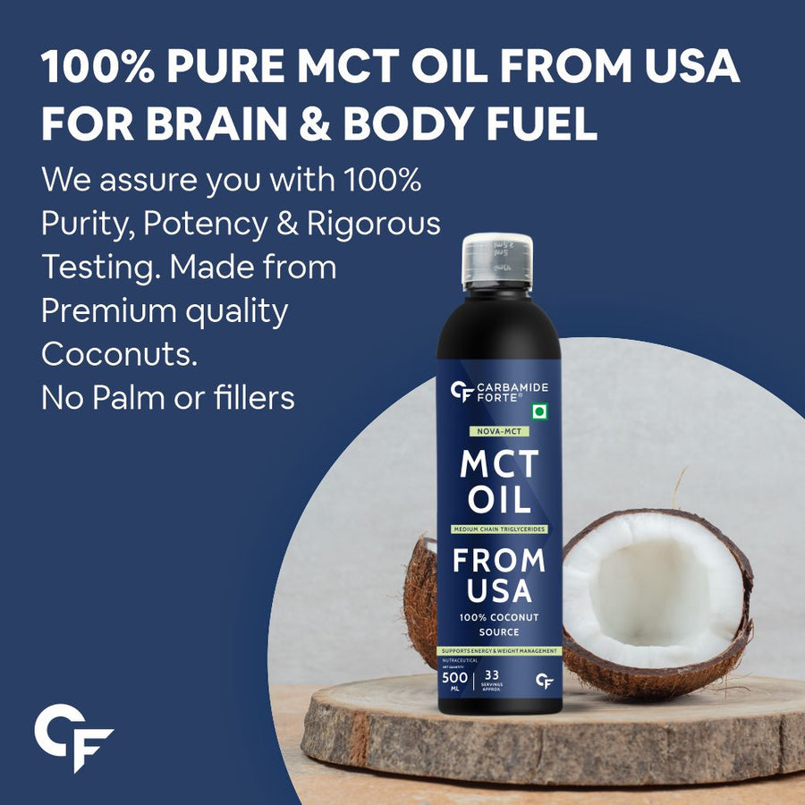 Carbamide Forte Pure MCT Oil C8 From USA | 100% Coconut Source | Keto & Paleo Friendly - 500ml Vegetarian Oil