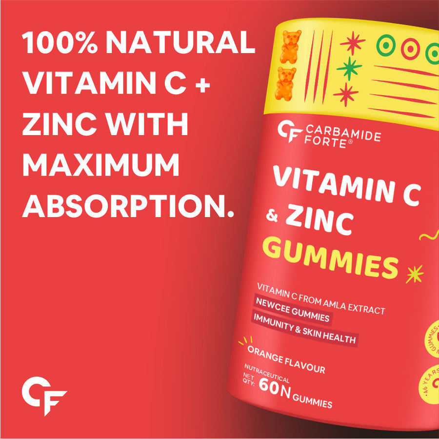 Carbamide Forte Vitamin C Gummies with Zinc for Men, Women & Kids | Natural Immunity Booster, Antioxidant, Heart, Hair, Skin & Collagen Builder – 60 Veg Gummies