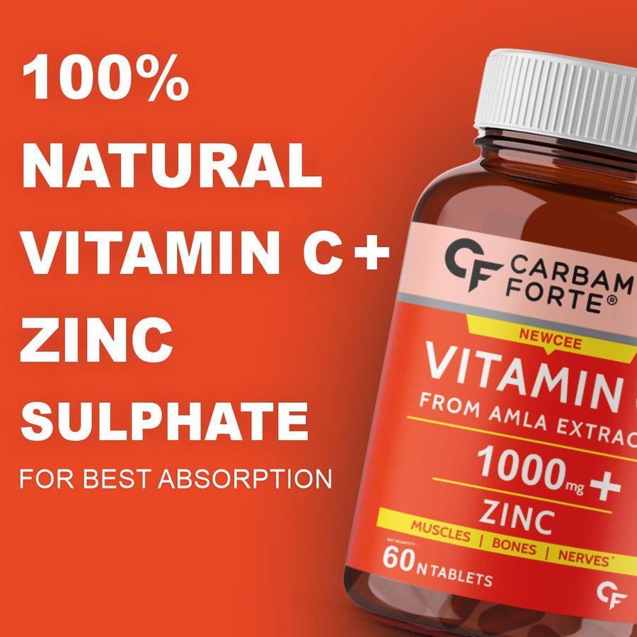 Carbamide Forte Natural Vitamin C Amla Extract 1000mg with Zinc for Immunity Boost & Skincare - 60 Veg Tablets