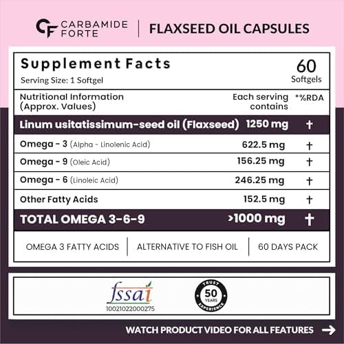 Cold‑Pressed Flaxseed Oil | Omega 3‑6‑9 | 1250mg | 60 Softgels