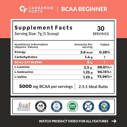 Carbamide Forte BCAA Powder 5000mg | BCAA Supplement For Women & Men Muscle Growth | BCAA Pre Workout & BCAA Intra Workout Supplement For Muscle Recovery | BCAA For Men | BCAA Supplements For Men & Women 7g Serving with Ideal 2:1:1 Ratio