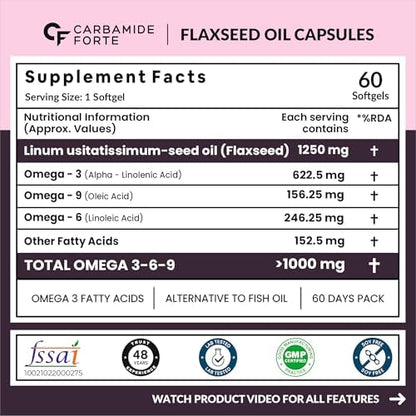 Carbamide Forte Cold Pressed Flaxseed Oil Omega 3 6 9 Capsules (1250mg) for Men and Women | Omega 3 Supplement | Omega 369 | Flaxseed Oil Omega3 Capsule | Omega Fatty Acid - 60 Capsules