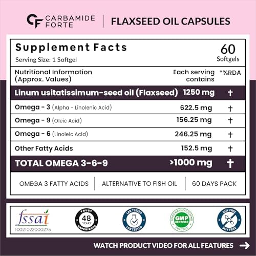 Carbamide Forte Cold Pressed Flaxseed Oil Omega 3 6 9 Capsules (1250mg) for Men and Women | Omega 3 Supplement | Omega 369 | Flaxseed Oil Omega3 Capsule | Omega Fatty Acid - 60 Capsules
