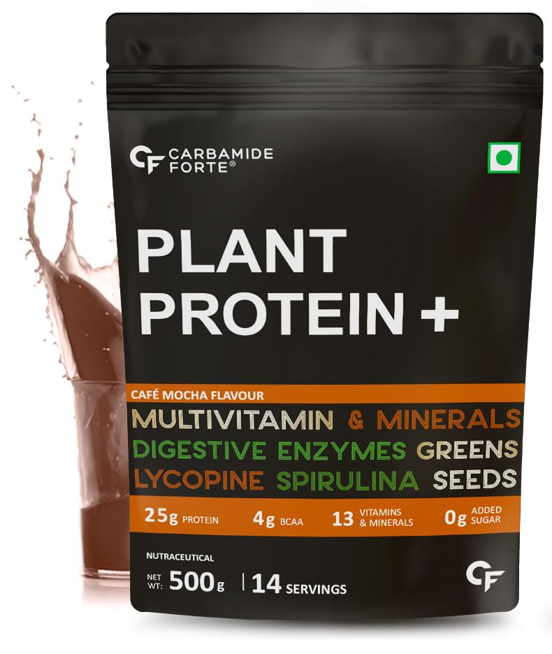 Carbamide Forte Plant Protein Powder - Plant Based Protein Powder With Multivitamin, Minerals, Superfoods, Pea Protein, Digestive Enzymes | Plant Protein Powder - Cafemocha Flavour 500Grams, 1 Scoop