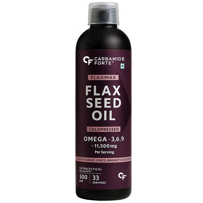 Carbamide Forte Cold Pressed Flaxseed Oil 500ml with 11500mg Omega 3 6 9 per Serving for Eating, Skin & Hair Growth - Vegetarian Oil