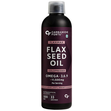 Carbamide Forte Cold Pressed Flaxseed Oil with 11500mg Omega 3 6 9 per Serving for Eating, Skin & Hair Growth - 500ml Vegetarian Oil