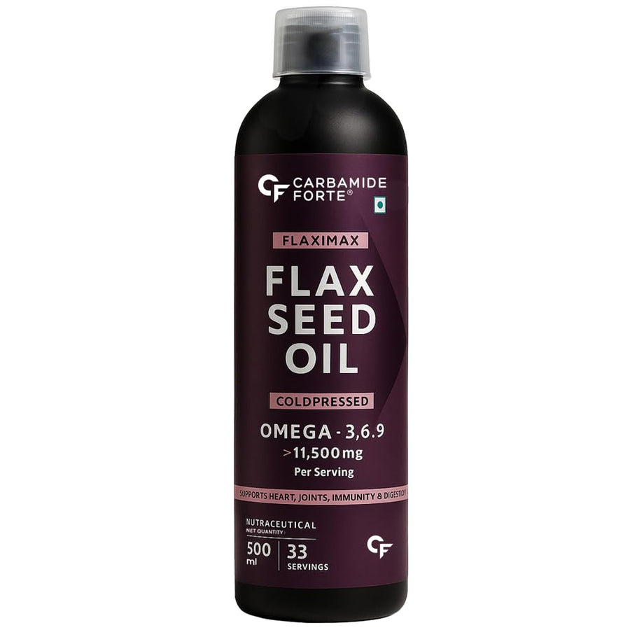 Carbamide Forte Cold Pressed Flaxseed Oil with 11500mg Omega 3 6 9 per Serving for Eating, Skin & Hair Growth - 500ml Vegetarian Oil