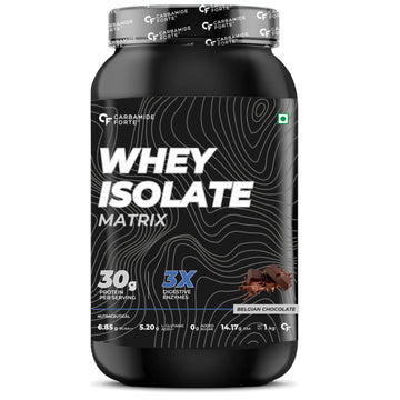 Carbamide Forte Whey Isolate Matrix | Isolate Protein Powder | 30g Protein per serving with Isolate Whey Protein | 3X digestive Enzymes | 6.85g BCAA | 14.17g EAA | 0g added sugar | Belgian Chocolate Flavour - 1Kg