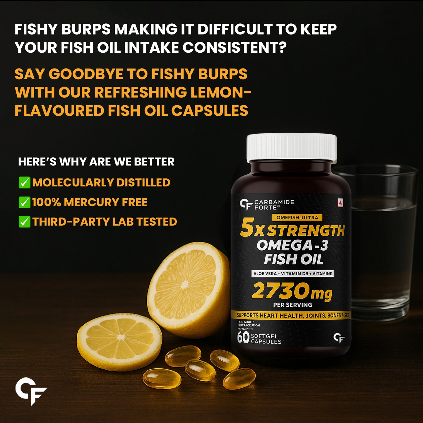 Carbamide Forte 5X Strength Omega 3 fish oil capsules 2730mg with Omega 3 supplement 1590mg and added vitamin A, D, E & Aloevera for Men & Women - Softgel Capsules 60 Count