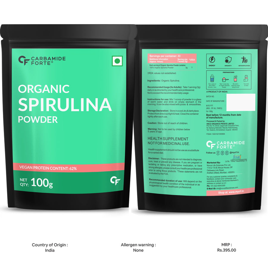 CF 100% Organic Spirulina - USDA Certified Organic Spirulina Powder for Immunity, Energy, Digestion & Skin Health | Plant Based Protein Superfood - 100g Veg Powder