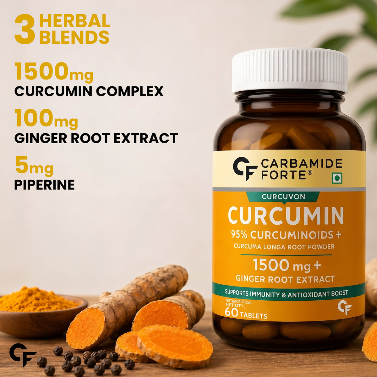 Curcumin 95% + Piperine 10 mg | 60 Veg Tablets - Carbamide Forte