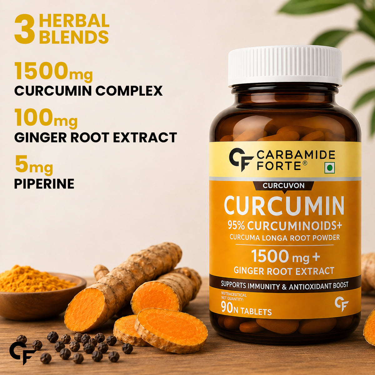 Curcumin 95% + Piperine 10 mg | 90 Veg Tablets - Carbamide Forte