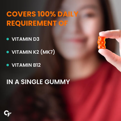 Carbamide Forte Vitamin D3 K2 MK7 & B12 Gummies | Vitamin B12 supplements | Vitamin D3 supplement & b12 for Women, Men & Kids | Mango Flavoured - 60 Veg Gummies