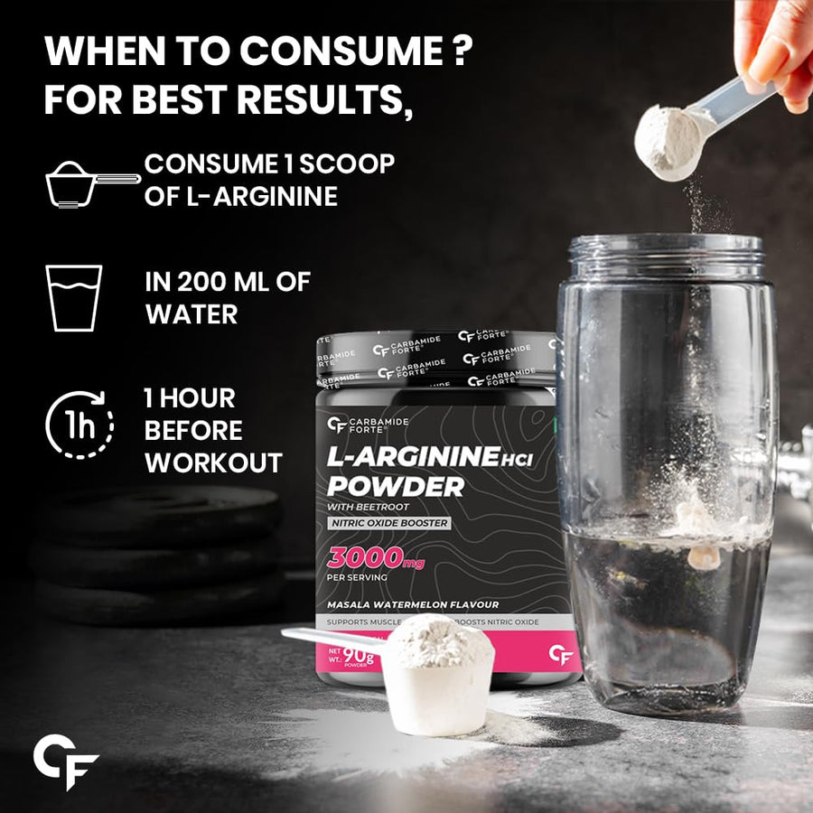 Carbamide Forte L Arginine Powder Supplement 3000mg | Pre-workout for men & women | L Arginine Supplement | Beet Root Powder - Masala Watermelon Flavour - 90g