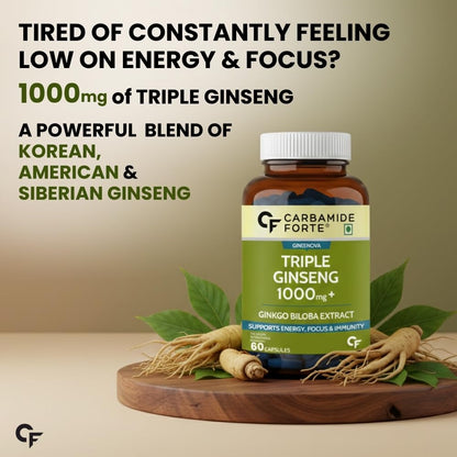 Triple Ginseng 1000mg Supplement with Ginkgo Biloba for Energy, Focus & Stamina
