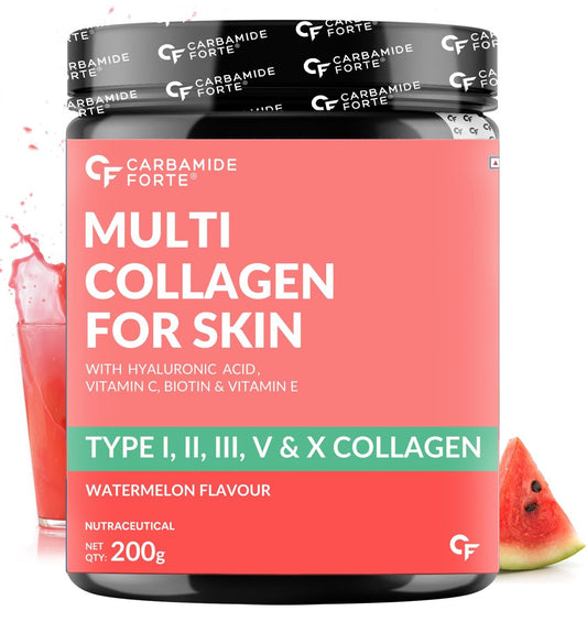 Carbamide Forte Hydrolyzed Multi Collagen Powder With Marine Collagen, All 5 Types of Collagen Peptides Included - TYPE I, II, III, V, X Collagen Supplements for Women & Men, Watermelon Flavor - 200g