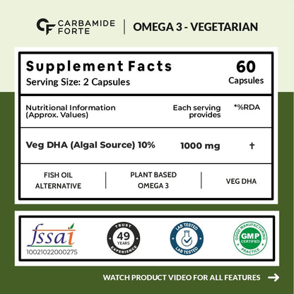 Veg Omega‑3 1000 mg with Algal DHA (Plant‑Based) | 60 Liquid Filled Capsules