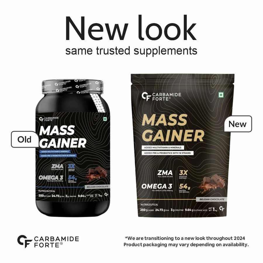 Carbamide Forte Mass Gainer with 54g Protein, 250g Carbs, Multivitamin, ZMA & Creatine 3g - Weight Gainer for Men & Women - Belgian Chocolate Flavour - 1kg