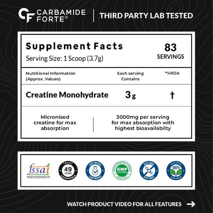 Carbamide Forte Creatine Mono hydrate Powder | Micronized Creatine Monohydrate 308gm | Micronized Monohydrate Creatine Supplement for Lean Muscle, Strength & Energy - Orange - 33 Servings - 308g