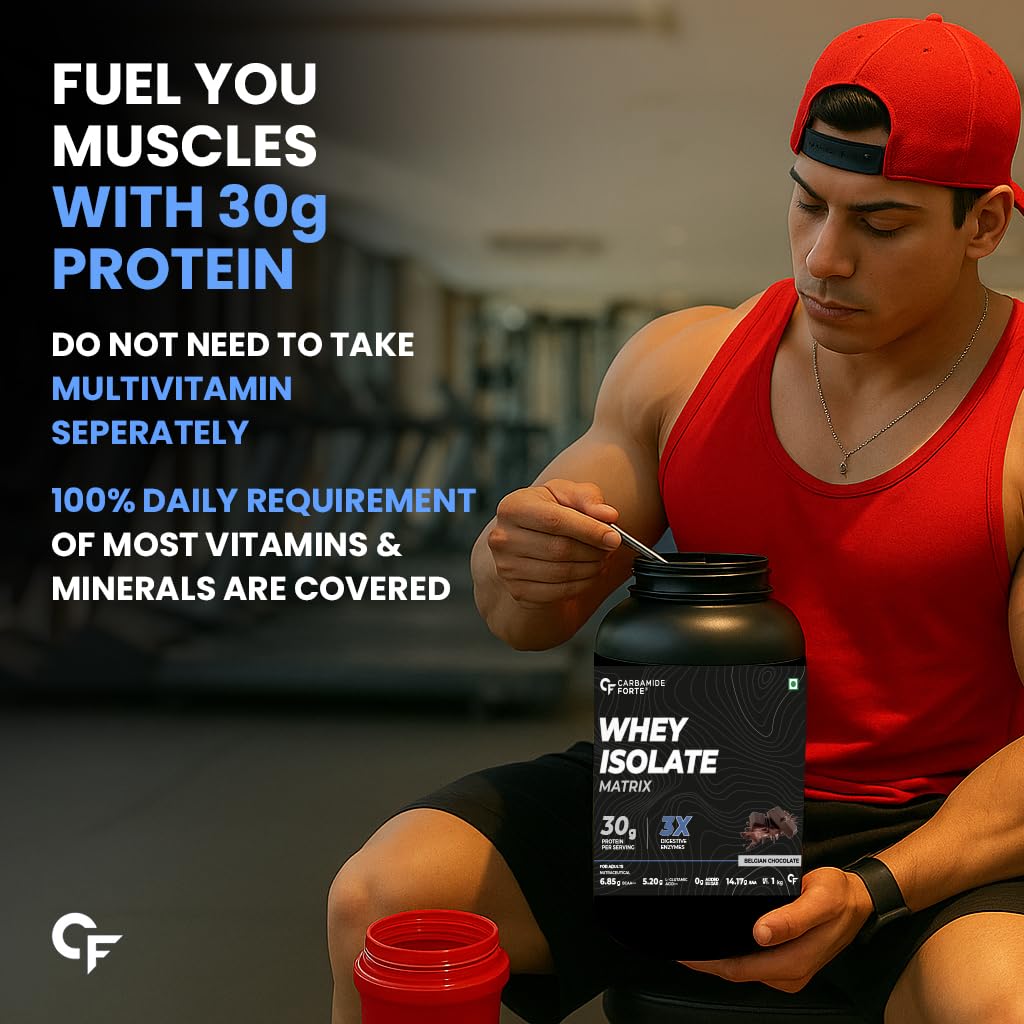 Carbamide Forte Whey Isolate Matrix | Isolate Protein Powder | 30g Protein per serving with Isolate Whey Protein | 3X digestive Enzymes | 6.85g BCAA | 14.17g EAA | 0g added sugar | Belgian Chocolate Flavour - 1Kg