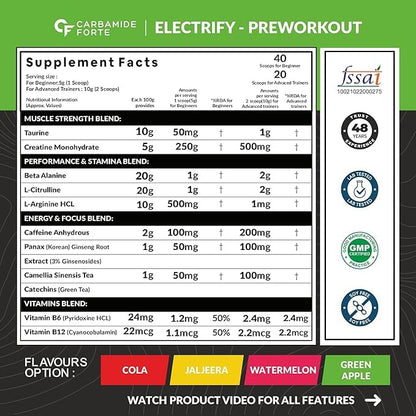 Carbamide Forte Pre Workout for Men & Women | Pre Workout Supplement Powder | Preworkout Supplements For Men For Energy, Focus & Strength | Pre-Workout For Men & Women GreenApple Flavour | Pre Workout For Women With 40 Servings - 200g