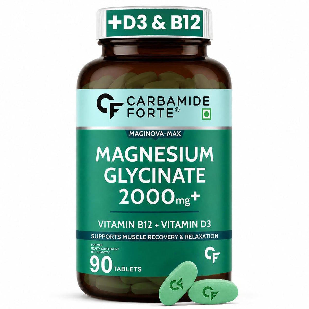 Magnesium Glycinate 2000mg Tablets with Vitamin D3 & B12 – 90 Veg Tablets - Carbamide Forte - Pack of 1