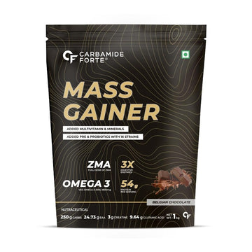 Carbamide Forte Mass Gainer with 54g Protein, 250g Carbs, Multivitamin, ZMA & Creatine 3g - Weight Gainer for Men & Women - Belgian Chocolate Flavour - 1kg