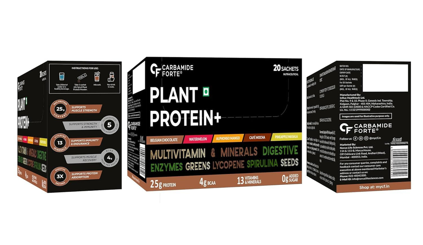 Carbamide Forte Plant Protein Powder - Plant Based Protein Powder with Multivitamin, Minerals, Superfoods, Pea Protein Powder, Digestive Enzymes | 5 Flavors Plant Protein Powder For Men - Pack Of 20