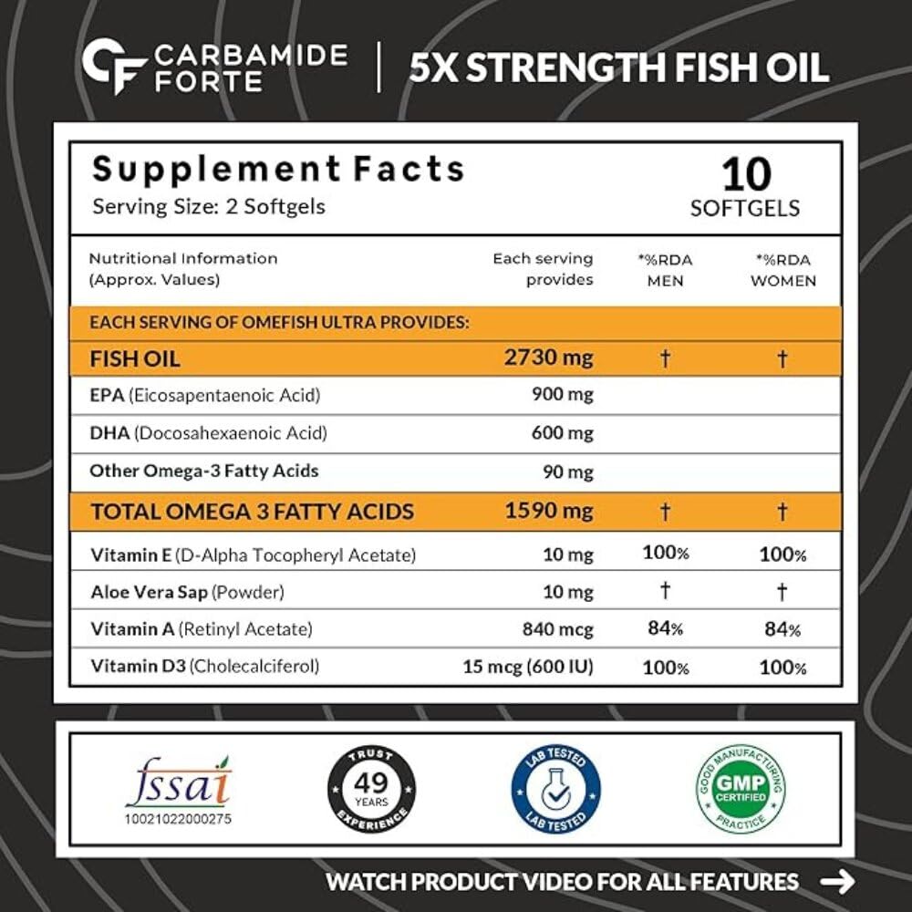 5X Strength Omega 3 Fish Oil Capsules – 2730mg with Vitamins D3, A & E | 10 Softgels
