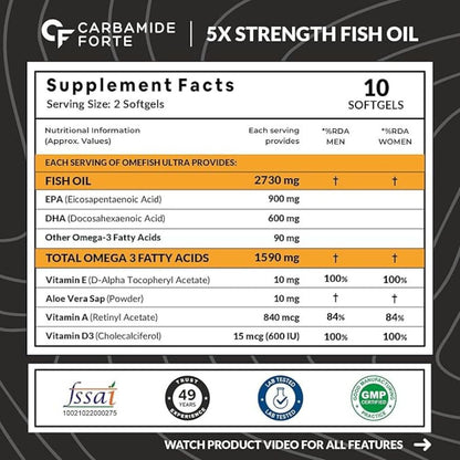 5X Strength Omega 3 Fish Oil Capsules – 2730mg with Vitamins D3, A & E | 10 Softgels