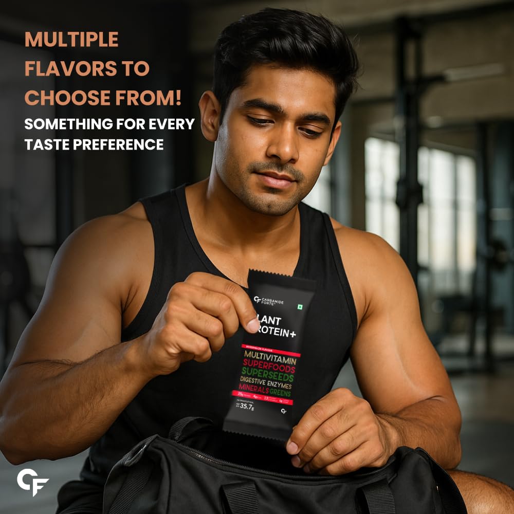 Carbamide Forte Plant Protein Powder - Plant Based Protein Powder with Multivitamin, Minerals, Superfoods, Pea Protein Powder, Digestive Enzymes | 5 Flavors Plant Protein Powder For Men - Pack Of 20