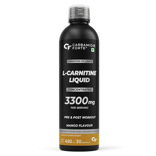 Carbamide Forte L Carnitine Liquid 3300mg | L-Carnitine Supplement For Men & Women | Liquid L Carnitine Pre Workout, Intra Workout & Post Workout Supplement With 3300 mg Per Serving With Added Vitamins | L’Carnitine Mango Flavour With 30 Servings - 450ml