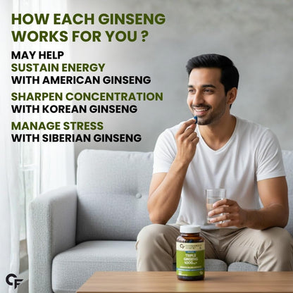 Triple Ginseng 1000mg Supplement with Ginkgo Biloba for Energy, Focus & Stamina