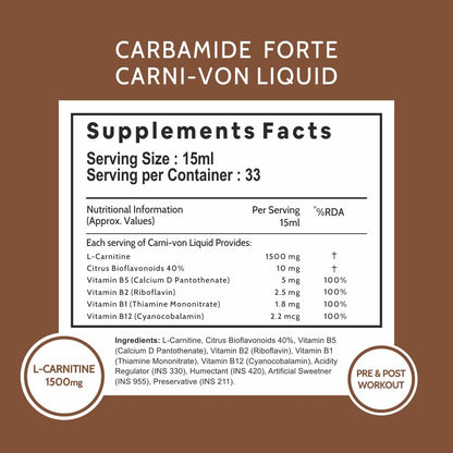 Carbamide Forte L-Carnitine Concentrated Liquid with 1500mg Per Serving | Pre & Post Workout Supplement - 33 Servings -500ml