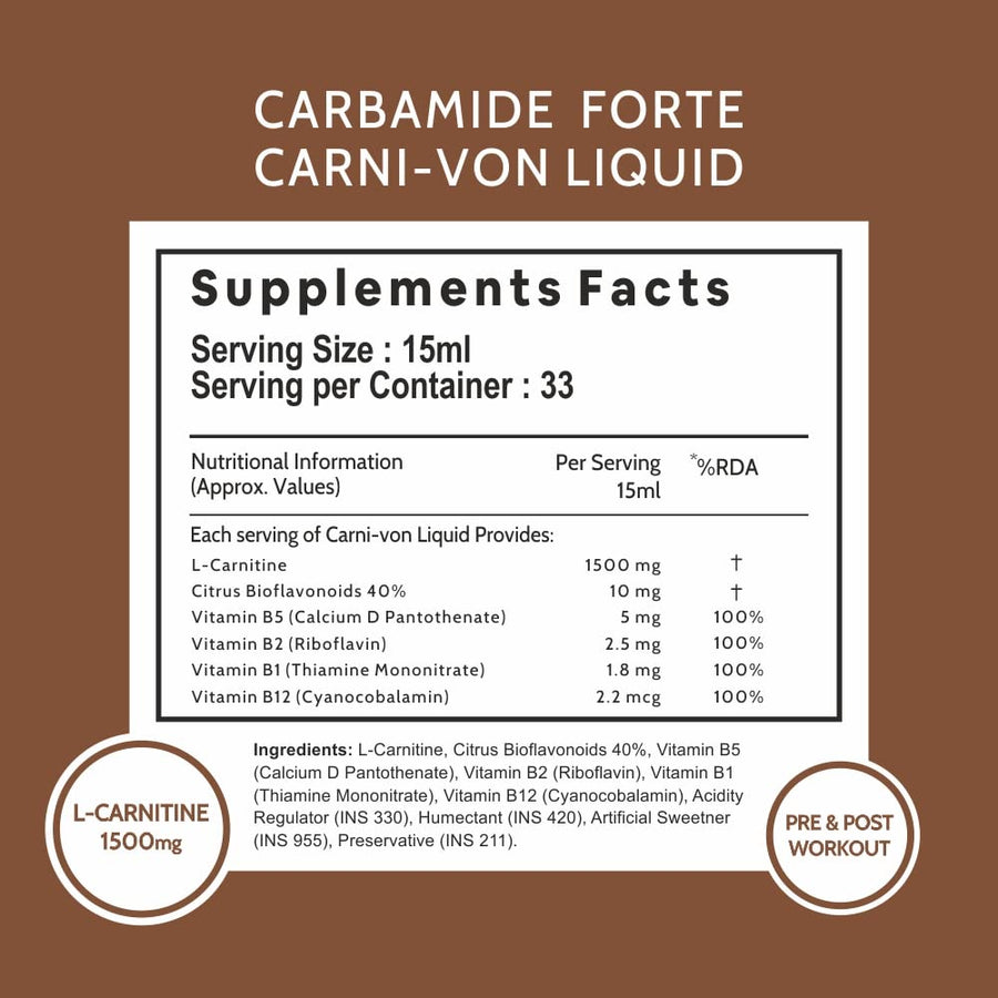 Carbamide Forte L-Carnitine Concentrated Liquid with 1500mg Per Serving | Pre & Post Workout Supplement - 33 Servings -500ml