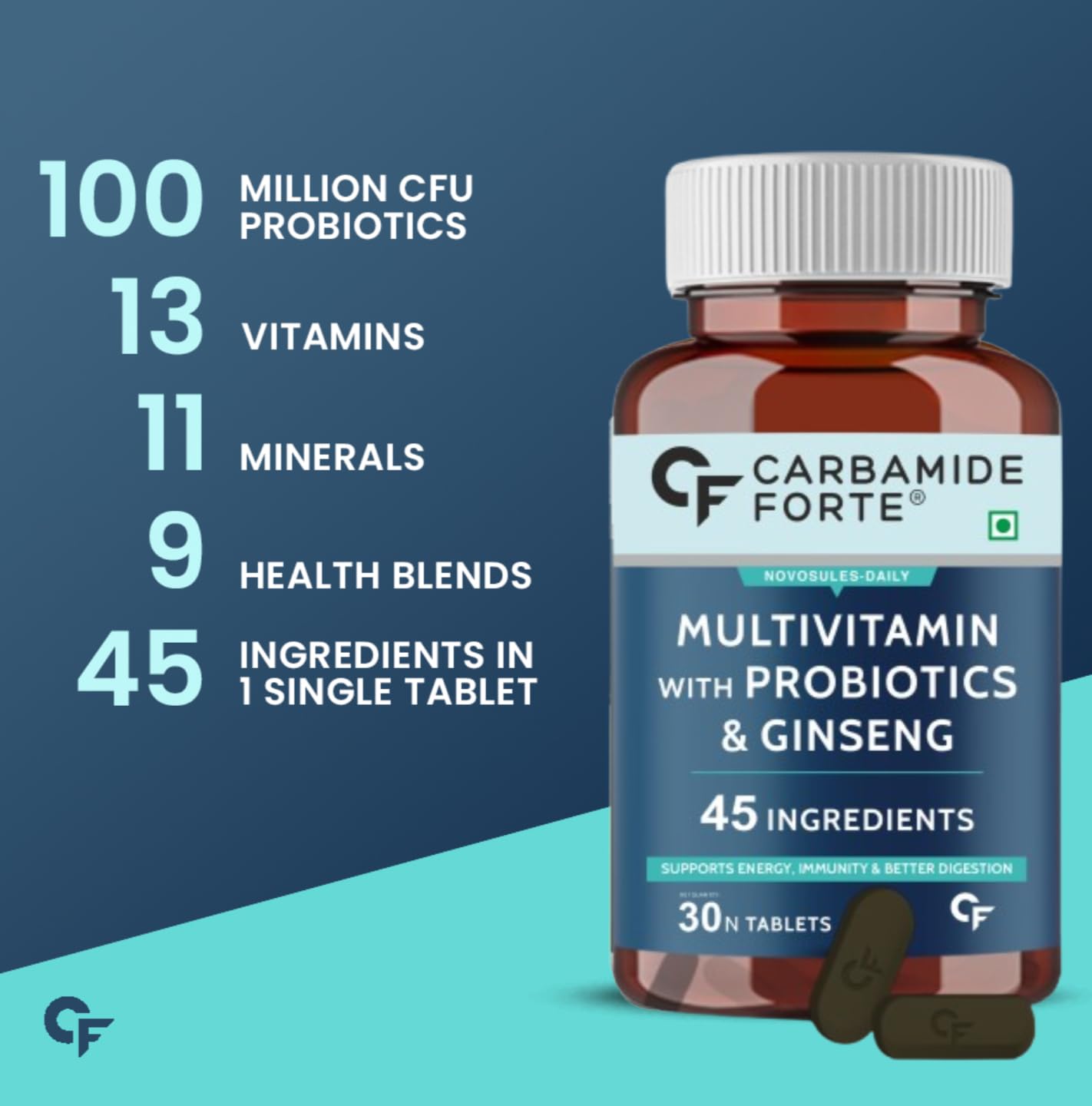 Carbamide Forte Multivitamin Tablet For Men | Multi vitamin for Men with Ginseng | Multivitamin With Probiotics For Immunity & Energy | Multivitamin with Zinc - 30 Veg Tablets
