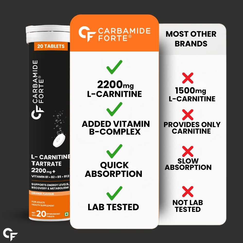 L-Carnitine Effervescent 2200mg with B-Complex Vitamins | Orange Flavour | 40 Tablets